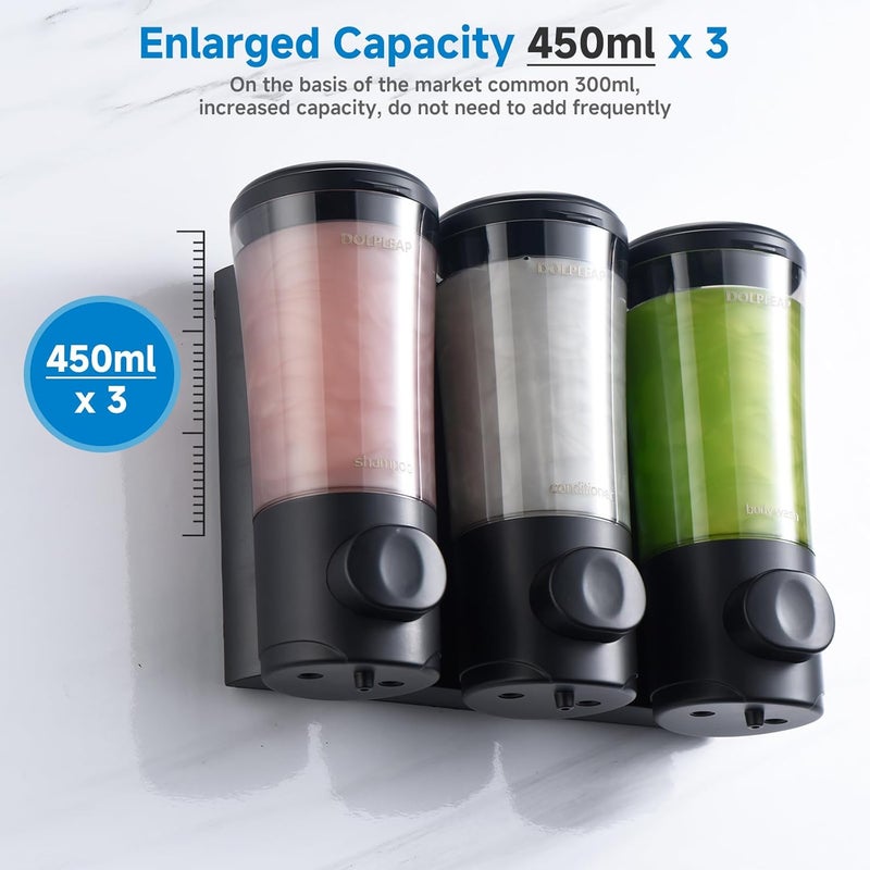 DOLPLEAP Shampoo Conditioner Body Wash Dispenser No Drill Shower Soap Dispenser Wall Mounted Shampoo Dispenser 3 Chamber with Upgrade Pump Head Bathroom Soap Dispenser 450ml/Each Black - Image 4